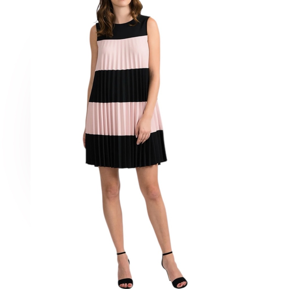 Joseph Ribkoff Black and Pink Color Block Pleated Mini Dress 6
